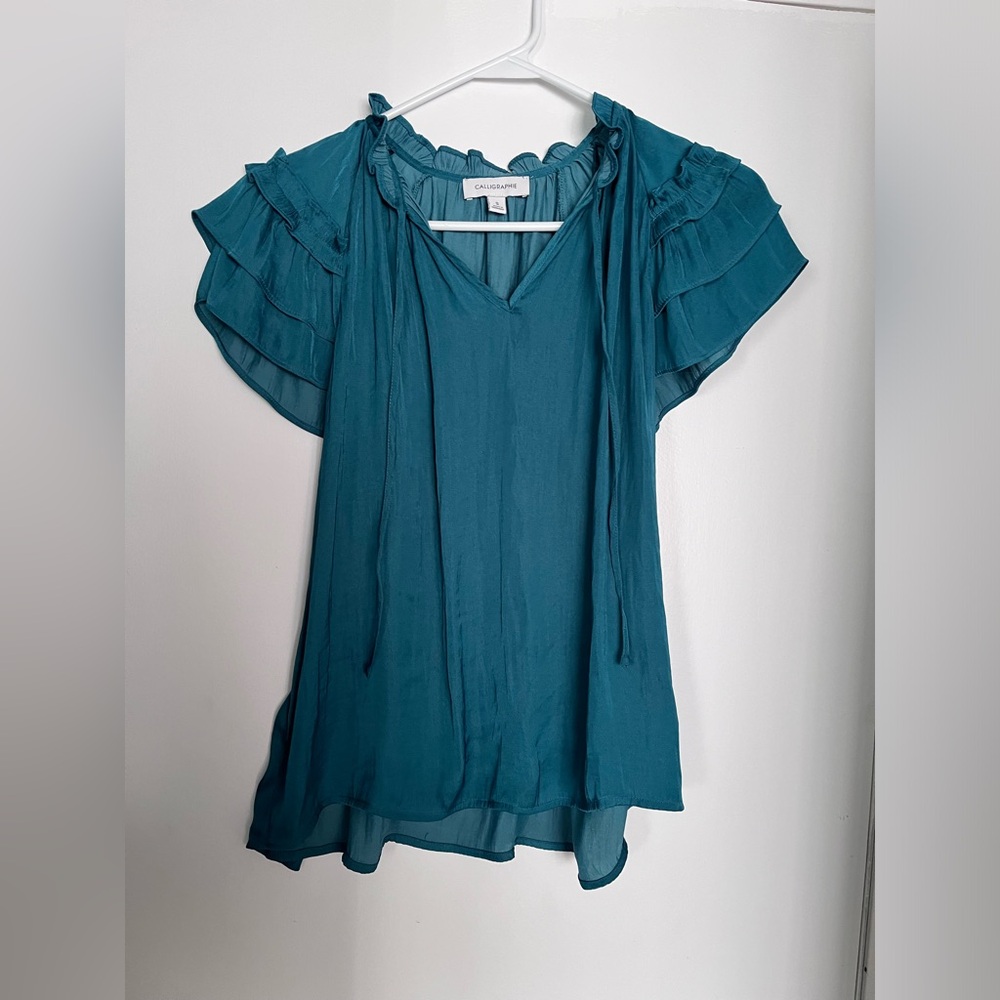 Calligraphie Emerald Satin Short Sleeve Top